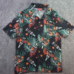 Coca Cola Hawaiian Shirt Medium Black Floral Short Sleeve Camp Rayon